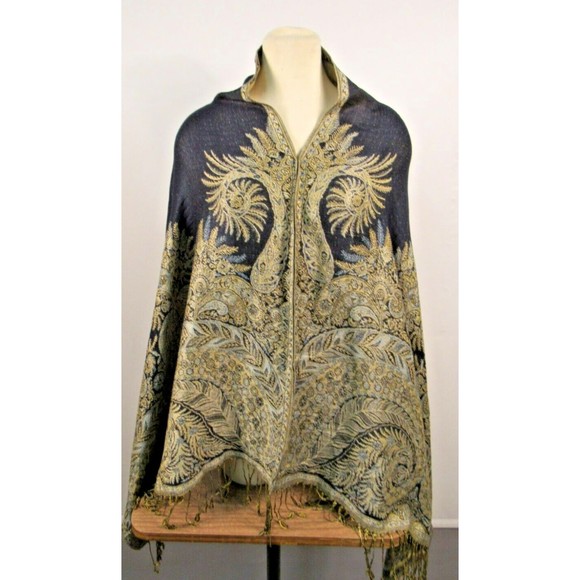 Vtg Boho Indigo Blue Paisley Shawl Wrap Gold Metallic Lame Textile - Picture 1 of 12